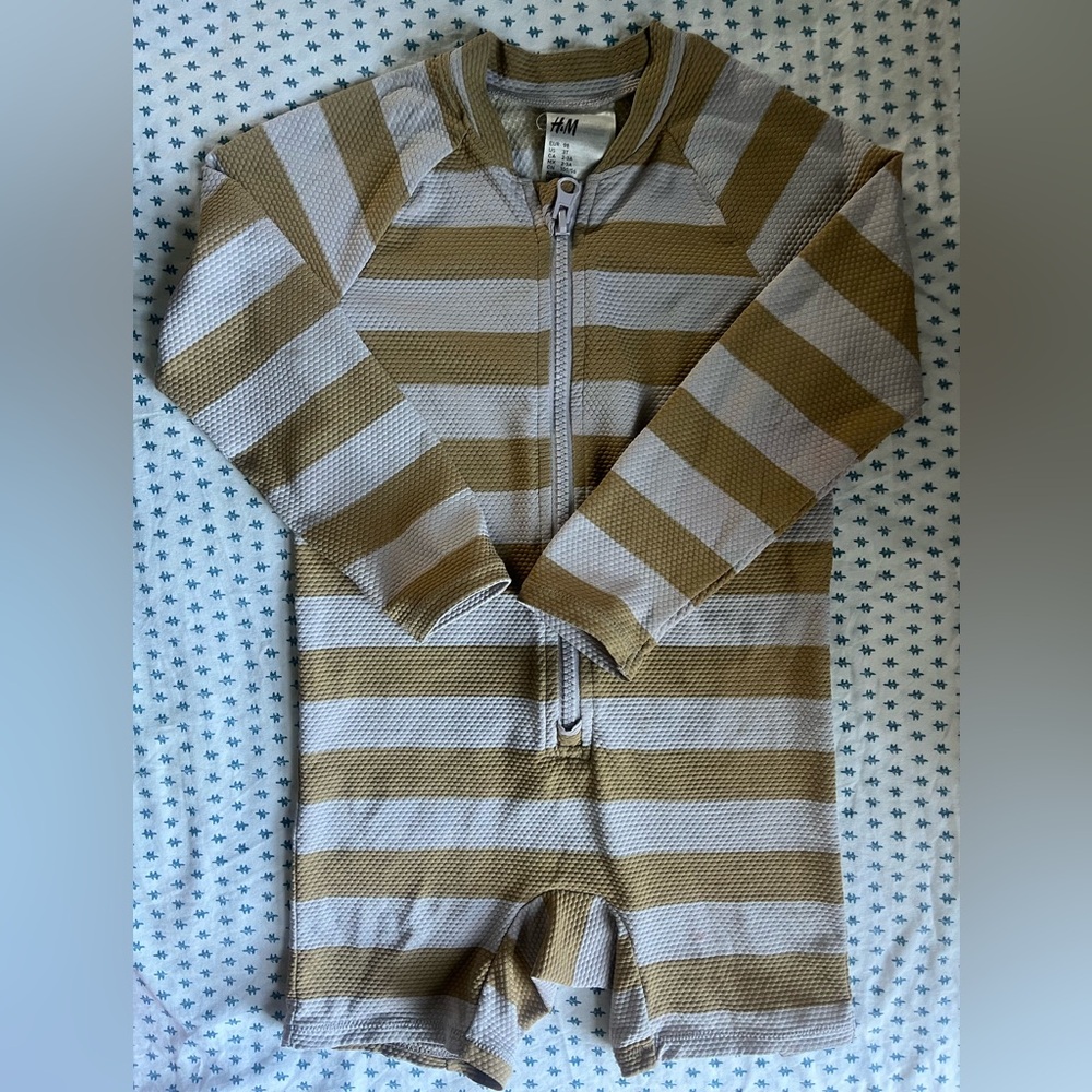 Striped mustard and light purple/gray stripe swim rashguard/onesie (3T)